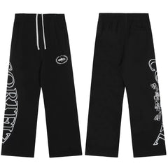 Black Graphic Straight-Leg Sweatpants | Urban Streetwear Pants with Side Print Detail