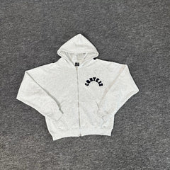 White Zip-Up Hoodie | Minimalist Streetwear Hoodie with Curved Logo Detail
