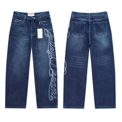 Valley Dreams Cursive‑Embroidered Baggy Jeans, Dark‑Blue Washed Unisex Wide‑Leg Streetwear Denim Pants