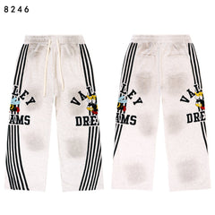Valley Dreams Cartoon Bee Stripe‑Sleeve Wide‑Leg Sweatpants, Heather Grey Vintage Streetwear Unisex Trousers