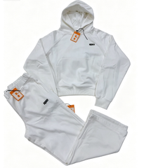 6PM Minimal Small‑Logo Cropped Hoodie & Wide‑Leg Sweatpants Matching Set