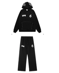 6PM Black Contrast‑Stitch Embroidered Hoodie & Wide‑Leg Sweatpants Street‑Wear Two‑Piece Set