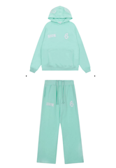6PM Mint‑Green Embroidered Hoodie And Wide‑Leg Sweatpants Two‑Piece Street‑Wear Set