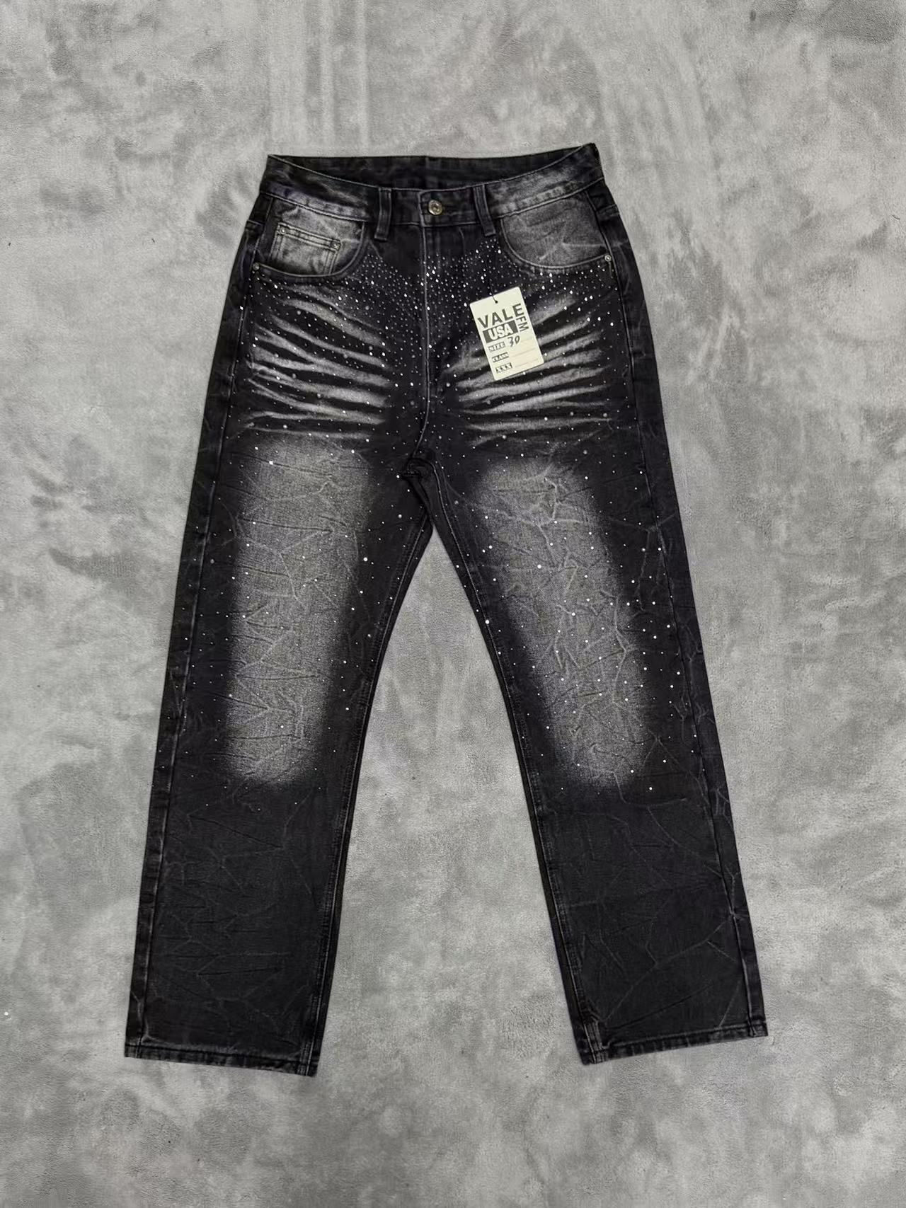 VALLEY Zebra‑Striped Rhinestone Embellished Baggy Denim Pants, Vintage Washed‑Black Unisex Streetwear Jeans