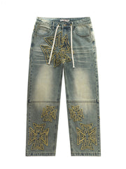 VALLEY Vintage Cross‑Shaped Towel‑Embroidered Baggy Jeans, Washed‑Blue Unisex Streetwear Denim Pants
