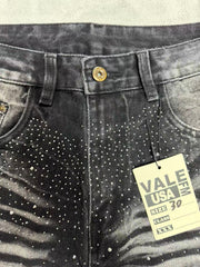 VALLEY Zebra‑Striped Rhinestone Embellished Baggy Denim Pants, Vintage Washed‑Black Unisex Streetwear Jeans
