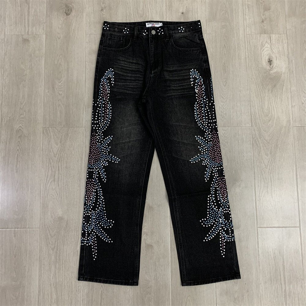 VALLEY Gradient Rhinestone Star Washed‑Black Straight‑Leg Jeans, Y2K Hip‑Hop Unisex Denim Pants