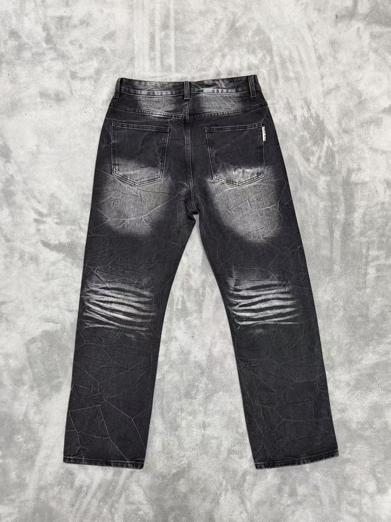 VALLEY Zebra‑Striped Rhinestone Embellished Baggy Denim Pants, Vintage Washed‑Black Unisex Streetwear Jeans
