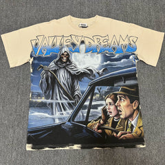 VALEFOREVER Cream Grim Reaper Retro Horror Movie Graphic Short Sleeve T-Shirt