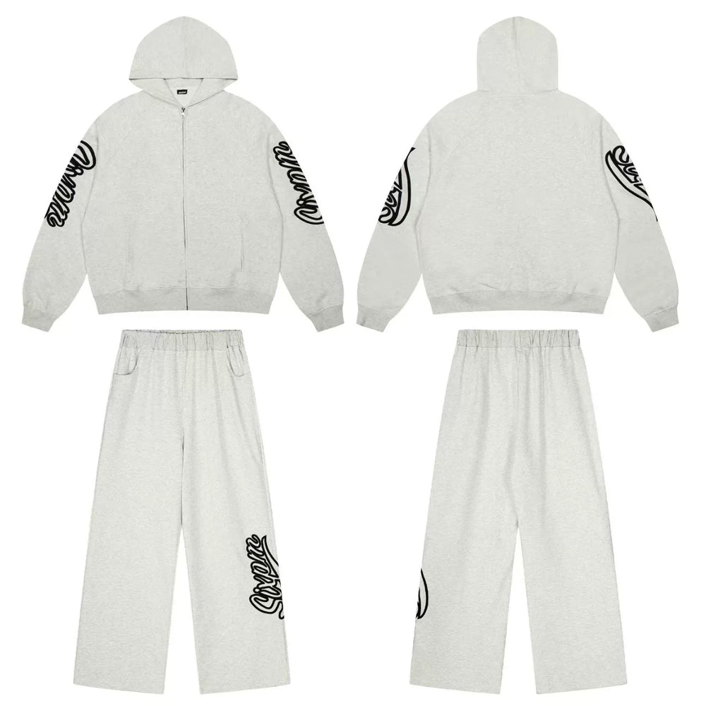 6PM Sleeve‑Print Zip‑Up Hoodie & Wide‑Leg Sweatpants Matching Set