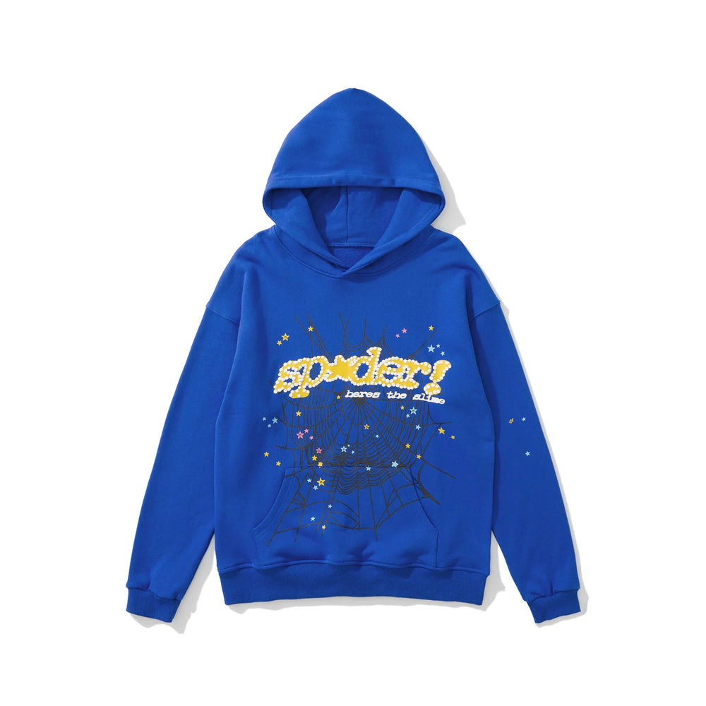 SP5DER Spider‑Web Graphic Print Pullover Hoodie Hip‑Hop Street‑Wear Sweatshirt