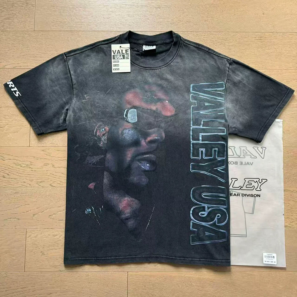 VALEFOREVER Dark Grey Washed Portrait Vale USA Retro Graphic T-Shirt
