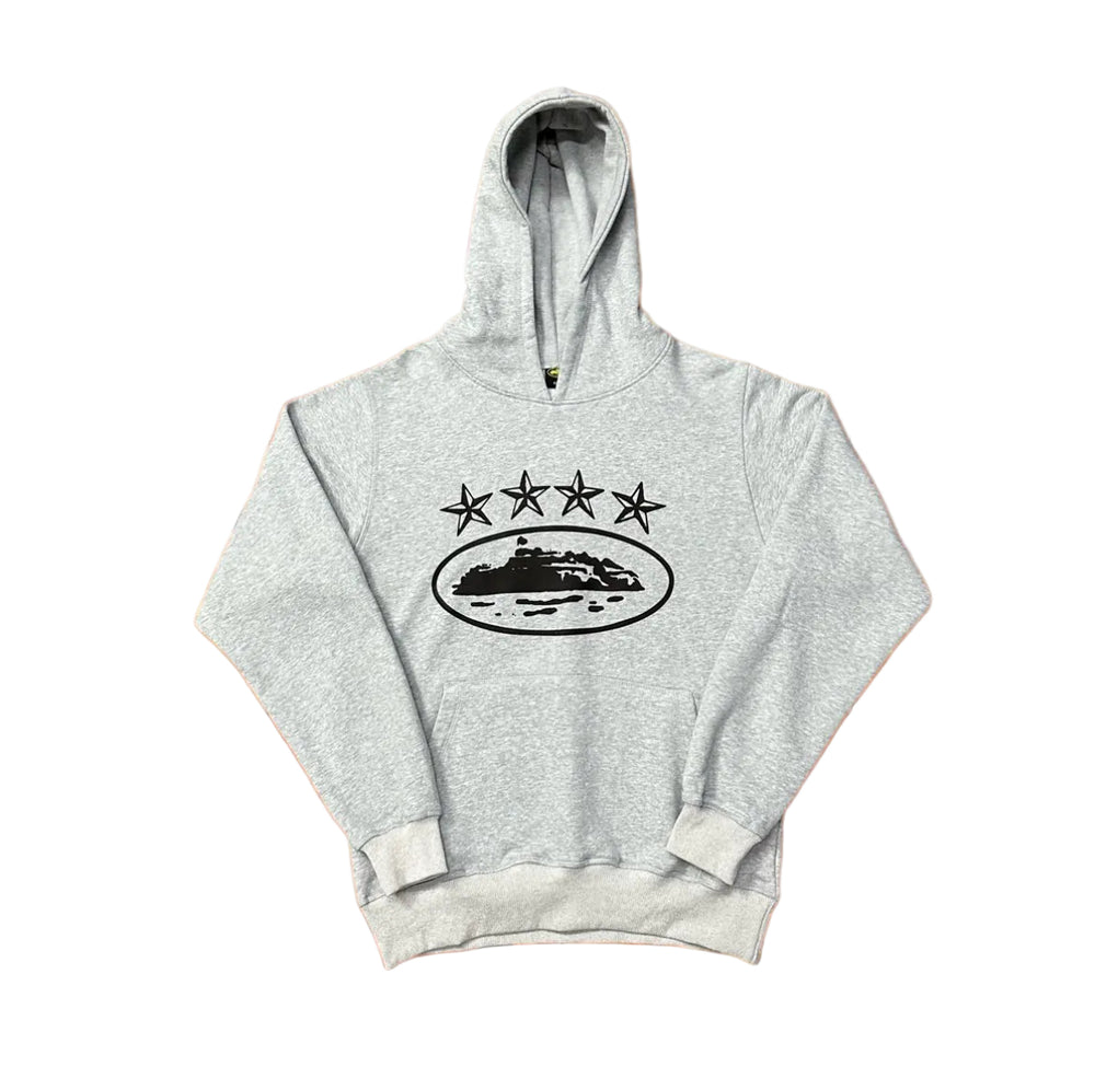 Grey Vintage Star Graphic Hoodie – Oversized Streetwear Pullover Sweatshirt