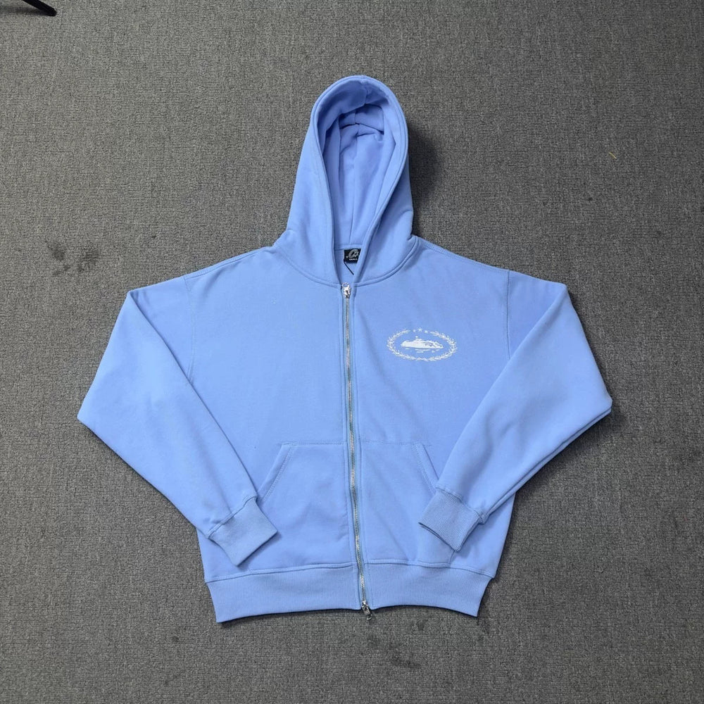 Blue Zip-Up Hoodie | Minimalist Streetwear Hoodie with Embroidered Logo Detail