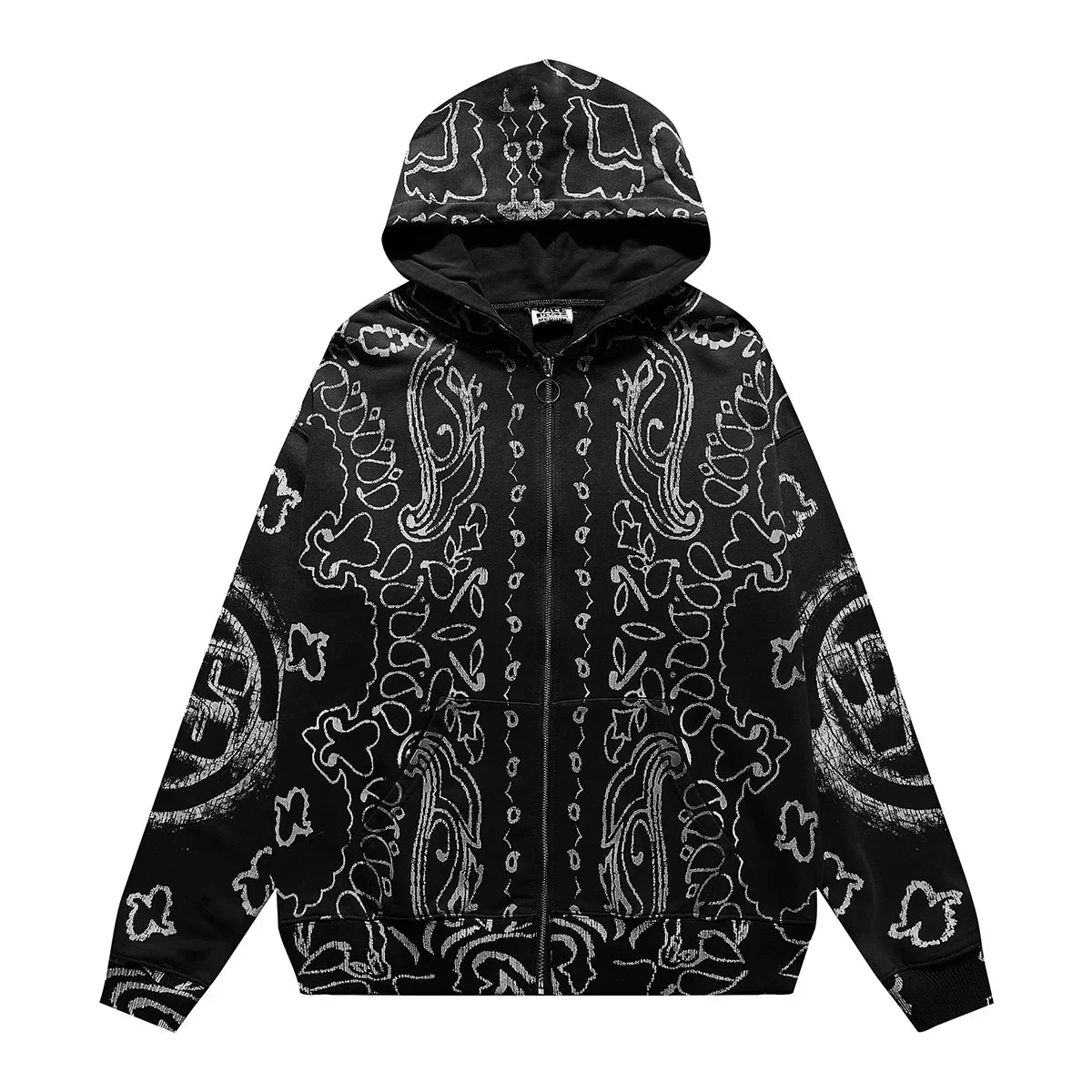VALEFOREVER Black White Bandana Paisley Full Print Zip Hoodie