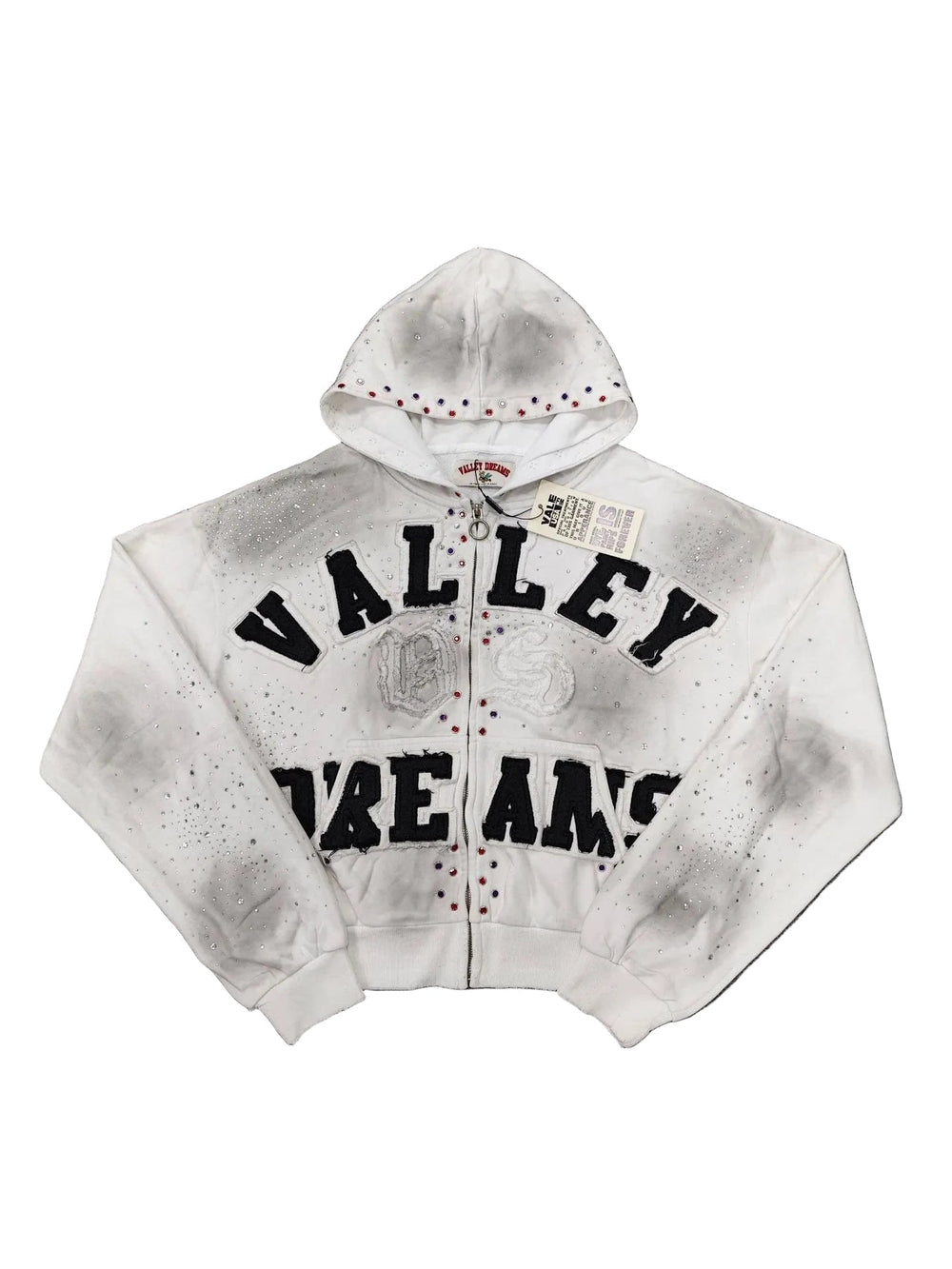 Valley Dreams Rhinestone Zip‑Up Hoodie, Unisex White Washed‑out Streetwear Jacket