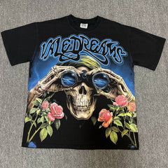 VALEFOREVER Black Skull Rose Binocular Vintage Graphic Short Sleeve T-Shirt