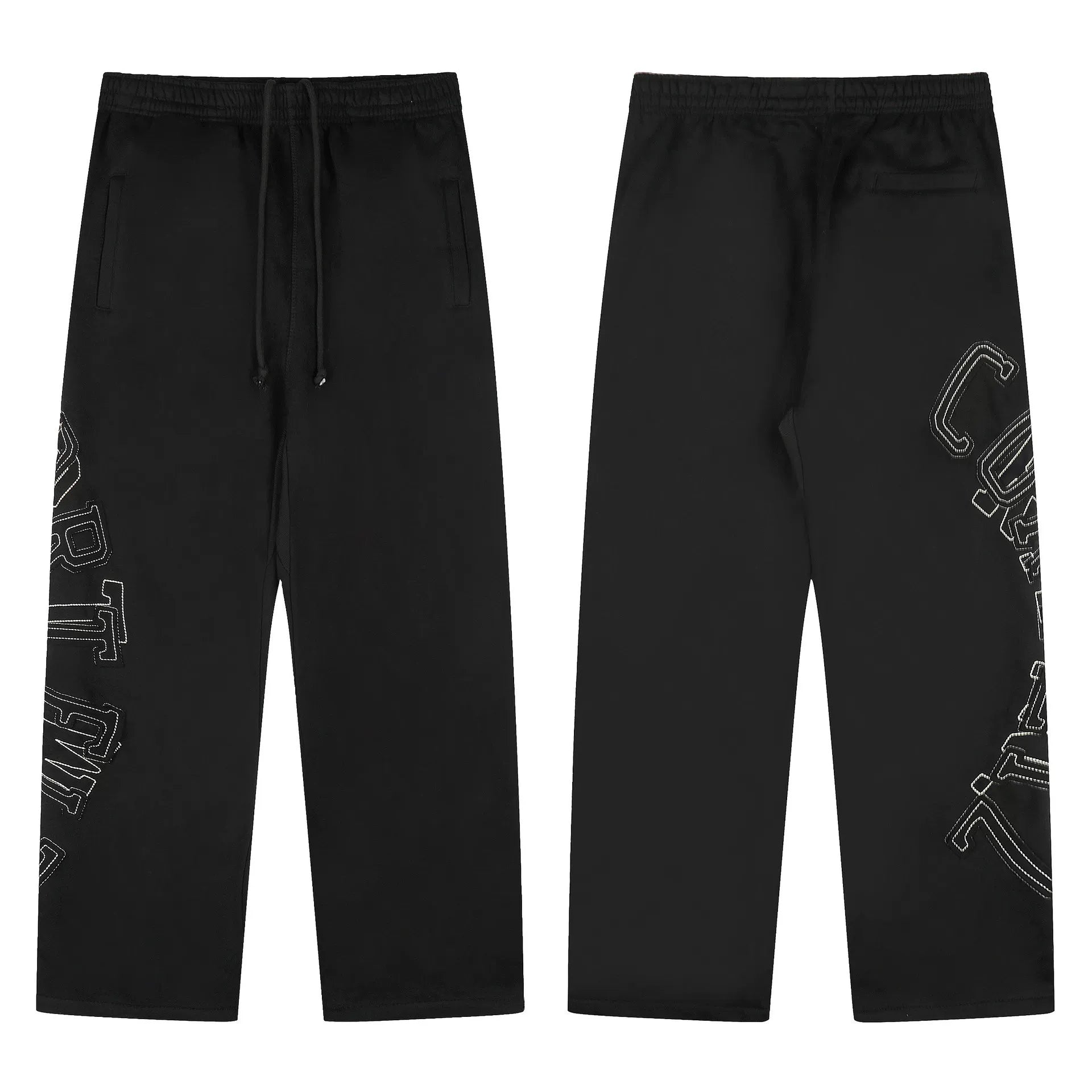 Black Minimalist Graphic Straight-Leg Sweatpants | Urban Streetwear Pants with Outline Print Detail