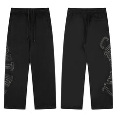Black Minimalist Graphic Straight-Leg Sweatpants | Urban Streetwear Pants with Outline Print Detail