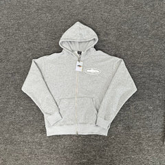 Light Grey Zip-Up Hoodie | Minimalist Streetwear Hoodie with Embroidered Logo Detail