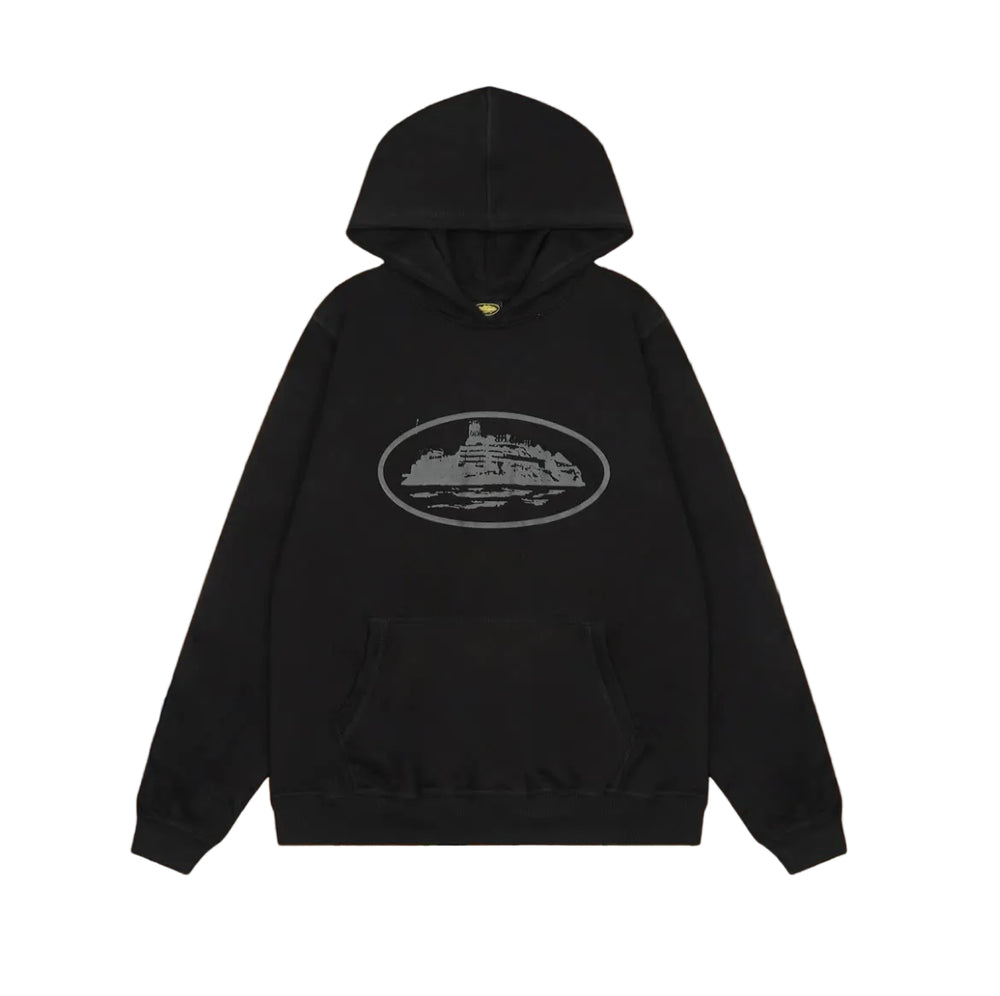 Black Vintage Graphic Hoodie – Minimalist Oversized Streetwear Pullover