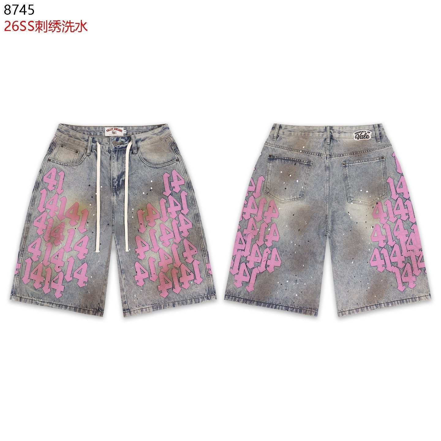 VALEFOREVER Vintage Washed Denim Shorts with Pink 41 Embroidery Print
