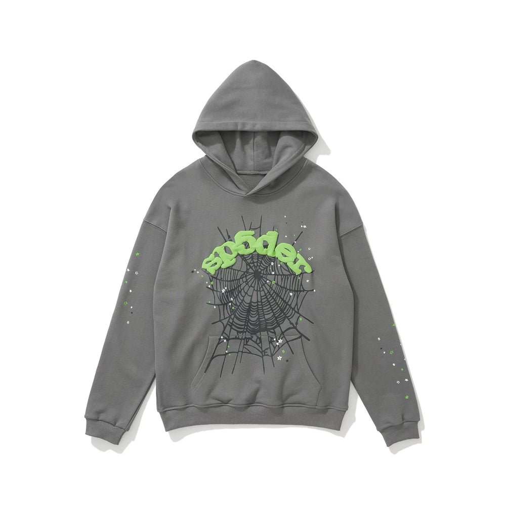 SP5DER Spider‑Web Graphic Pullover Hoodie Hip‑Hop Street‑Wear Sweatshirt