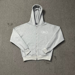 Grey Zip-Up Hoodie | Minimalist Streetwear Hoodie with Embroidered Logo Detail