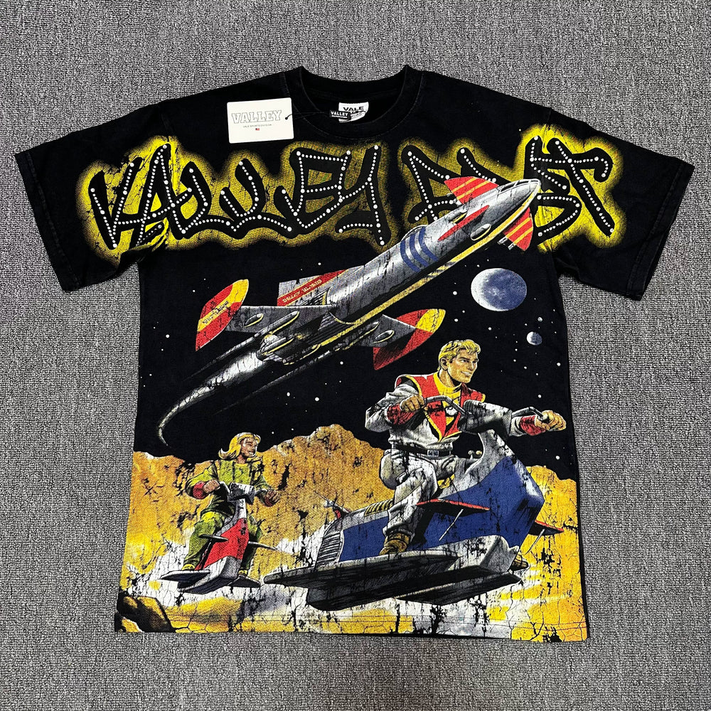 VALEFOREVER Black Space Rocket Sci-Fi Retro Graphic Short Sleeve T-Shirt