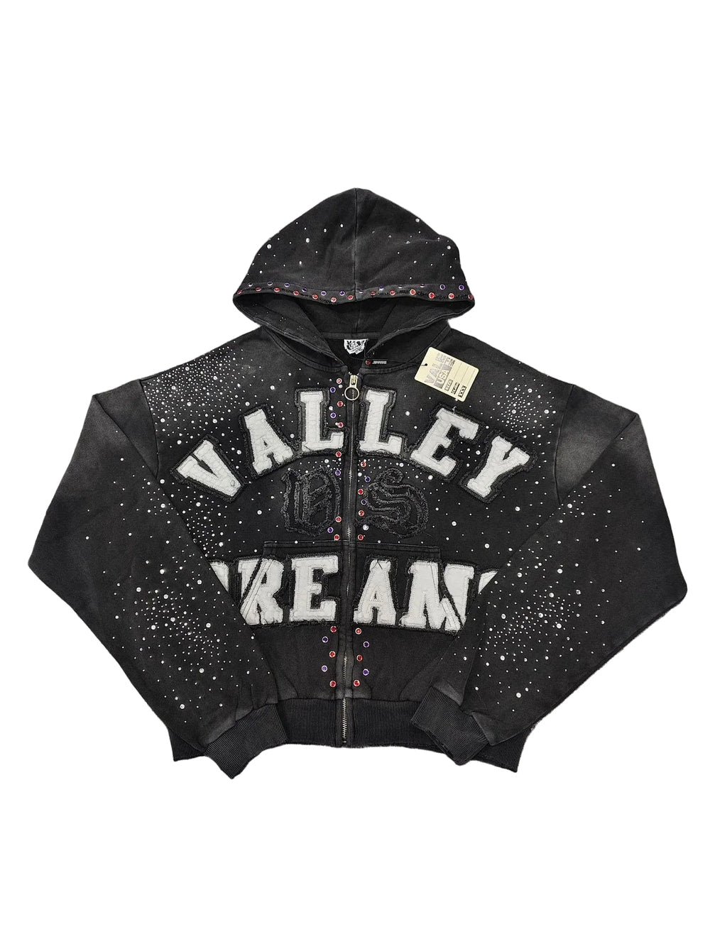 Valley Dreams Rhinestone Zip‑Up Hoodie, Unisex Black Washed Streetwear Jacket