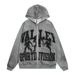 Valley Sport Division Graphic Zip‑Up Hoodie, Unisex Grey Vintage Streetwear Jacket
