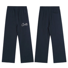 Navy Blue Minimalist Straight-Leg Sweatpants | Premium Streetwear Pants with Logo Detail
