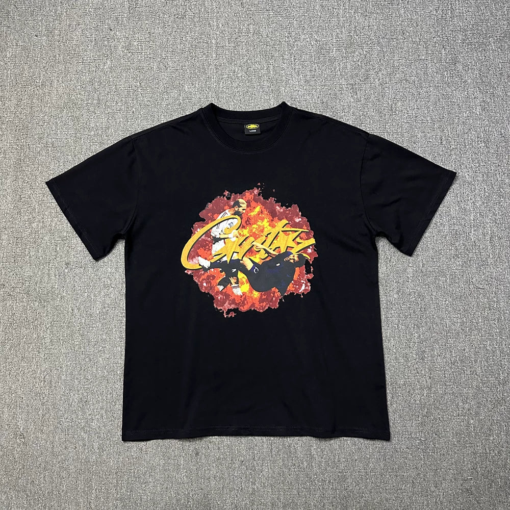Corteiz Flame Script Logo Black T-Shirt — Bold Streetwear Tee with Fiery Handstyle Print