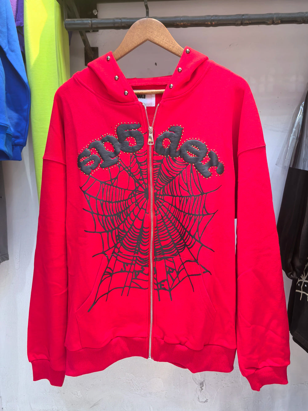 Sp5der Rhinestone Spider‑Web Zip‑Up Hoodie Hip‑Hop Street‑Wear Jacket