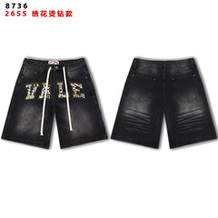 VALEFOREVER Black Faded Denim Shorts Embroidery Hotfix Rhinestone Logo