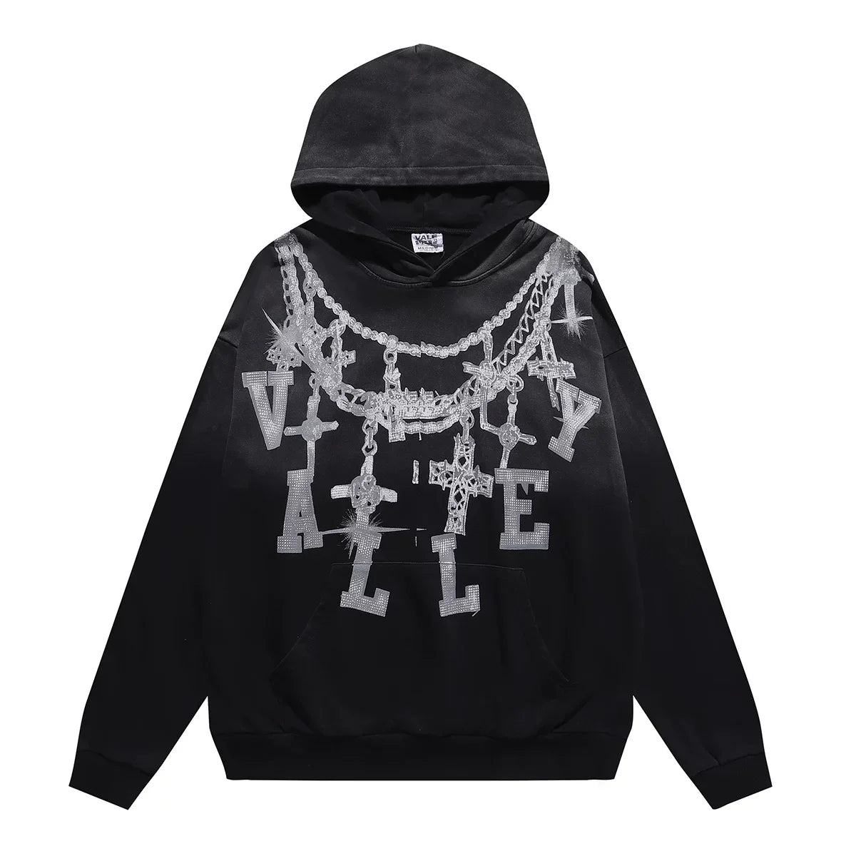 VALEFOREVER Black Chain Letter Distressed Zip Up Hoodie