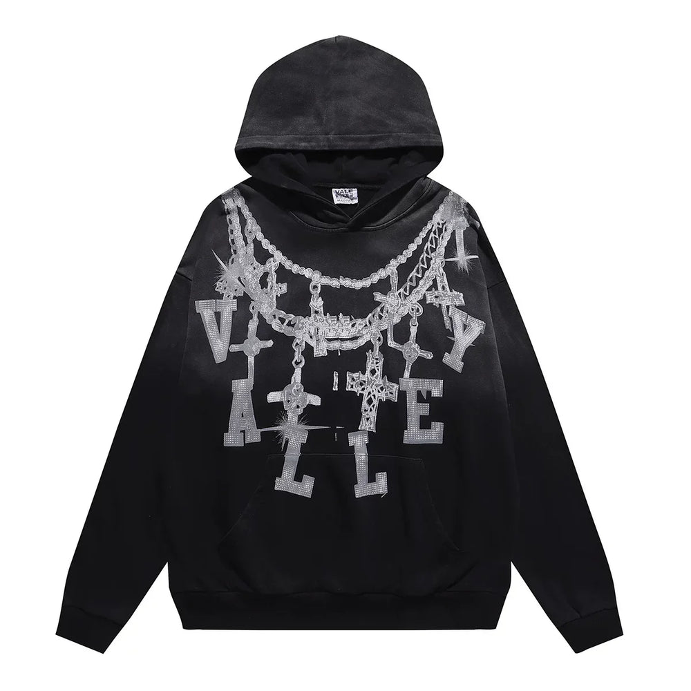 VALEFOREVER Black Chain Letter Distressed Zip Up Hoodie