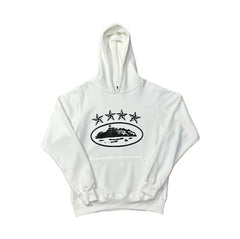 White Vintage Star Graphic Hoodie – Oversized Streetwear Pullover Sweatshirt