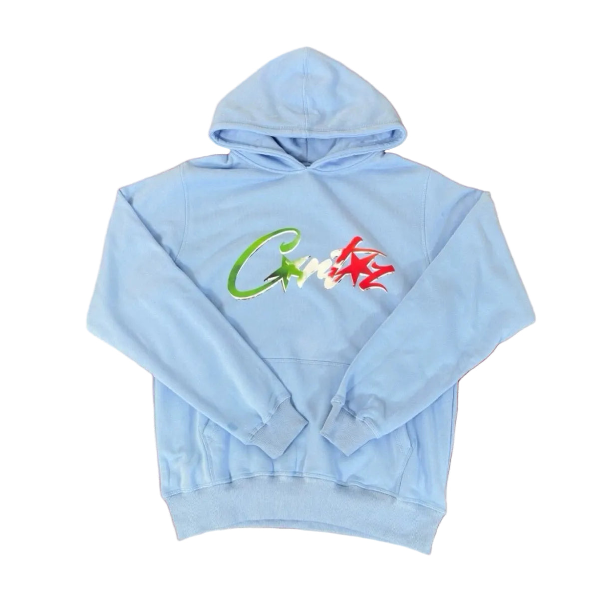 Corteiz “C-Logo” Light Blue Hoodie — Colorful Star Graphic on Oversized Streetwear Pullover