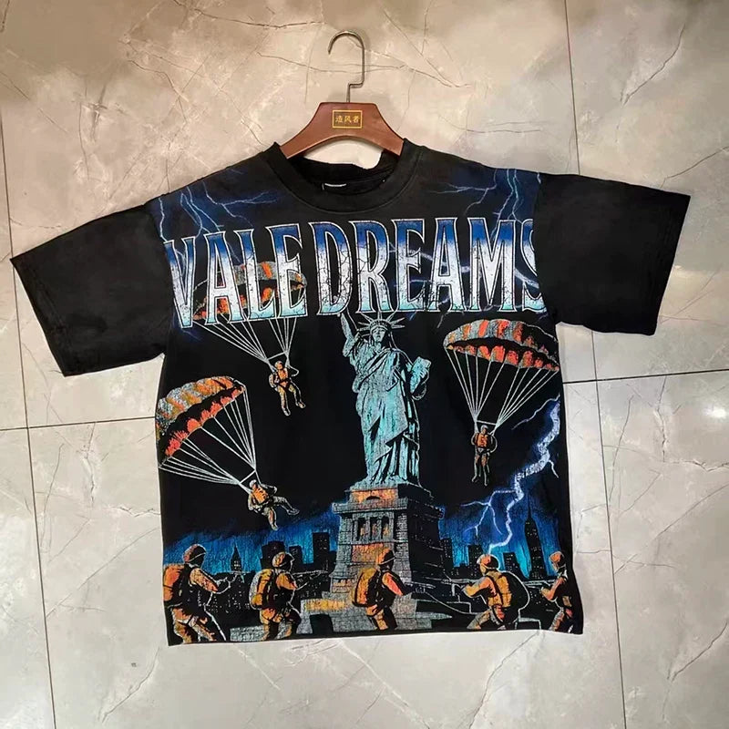 Valleydream Black Parachute Statue Of Liberty Vintage Graphic T-Shirt