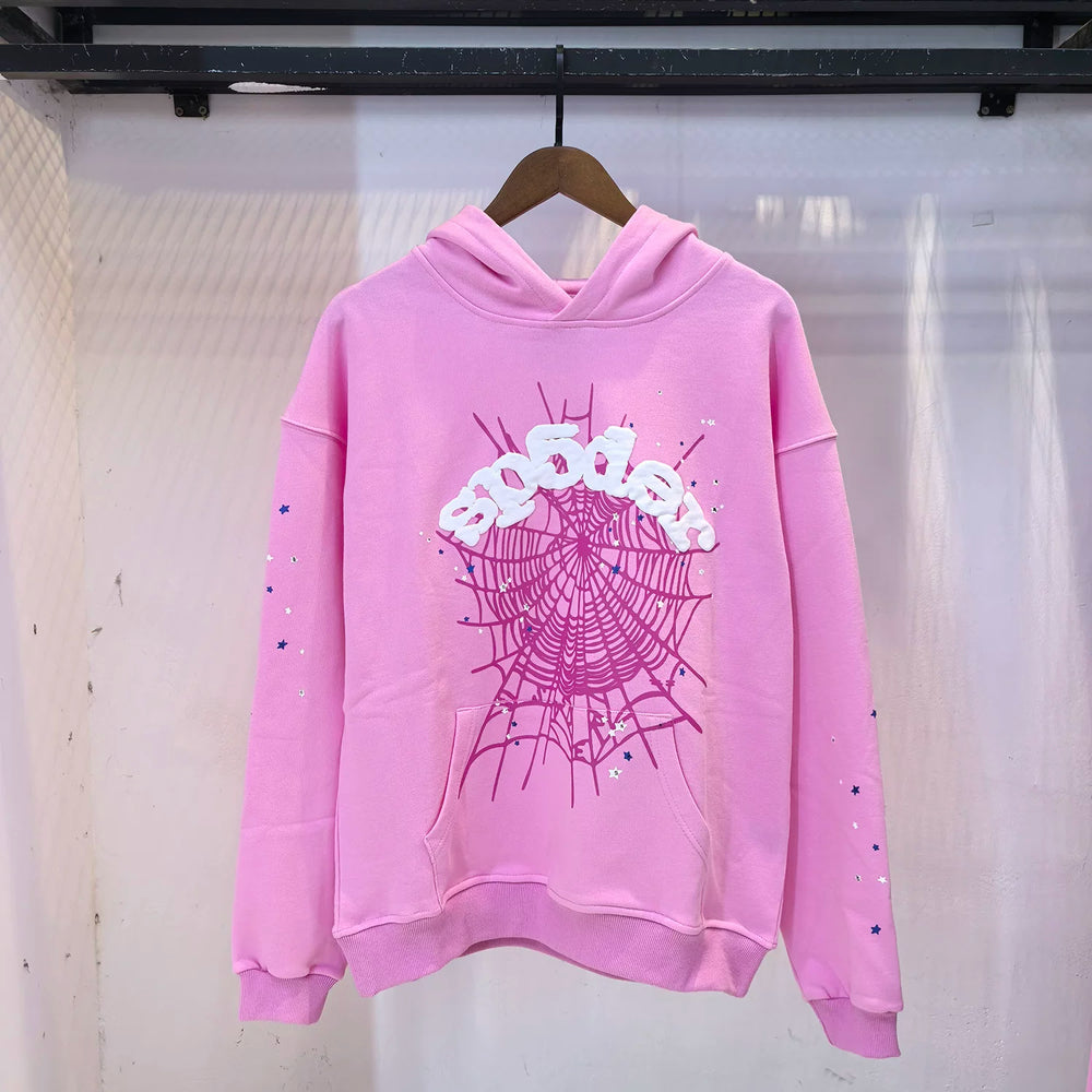 SP5DER Spider‑Web Graphic Pullover Hoodie Hip‑Hop Street‑Wear Sweatshirt