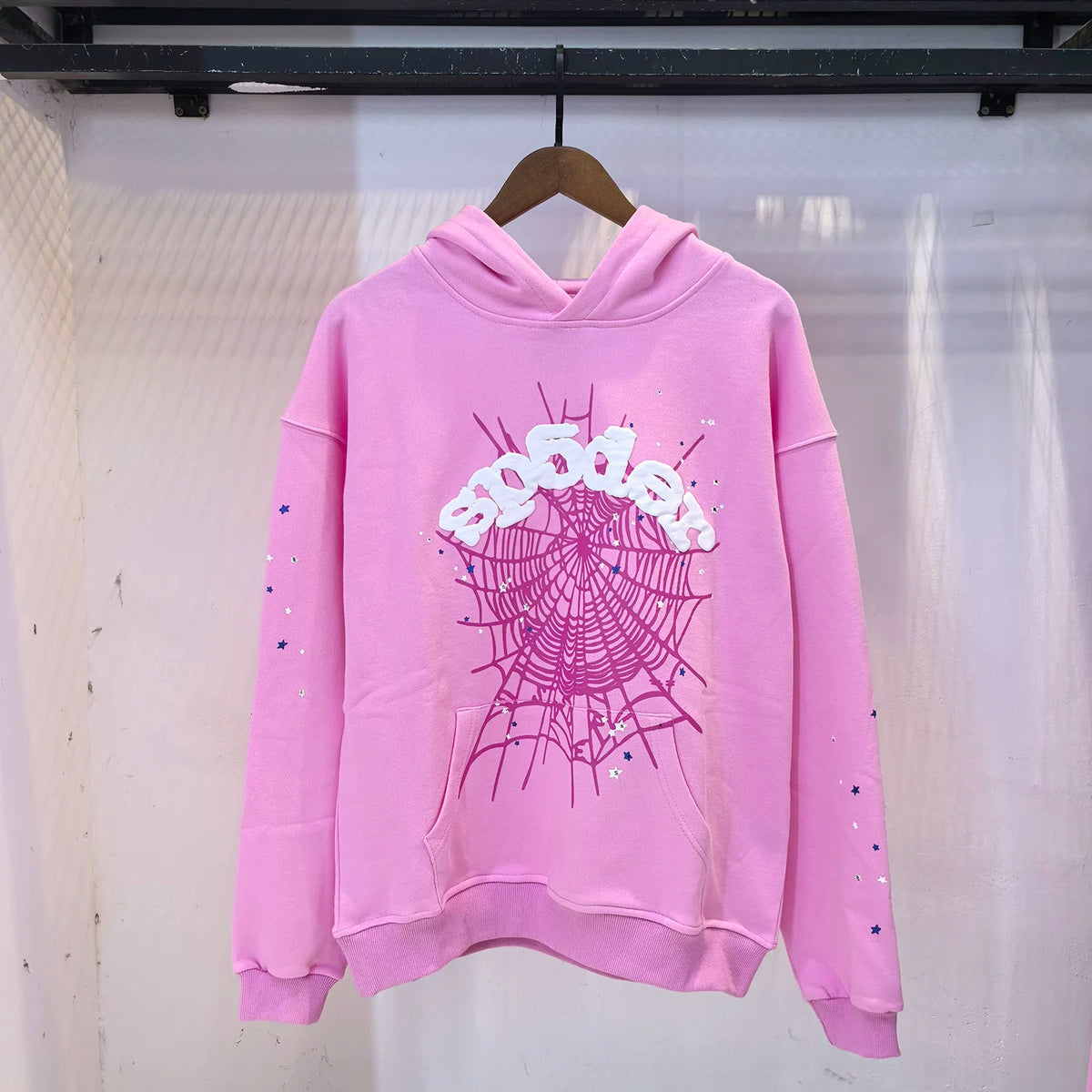 SP5DER Spider‑Web Graphic Pullover Hoodie Hip‑Hop Street‑Wear Sweatshirt