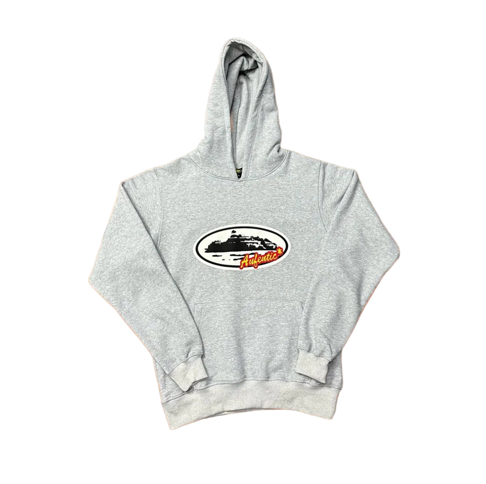 Grey Vintage Oval Graphic Hoodie – Oversized Streetwear Pullover Sweatshirt