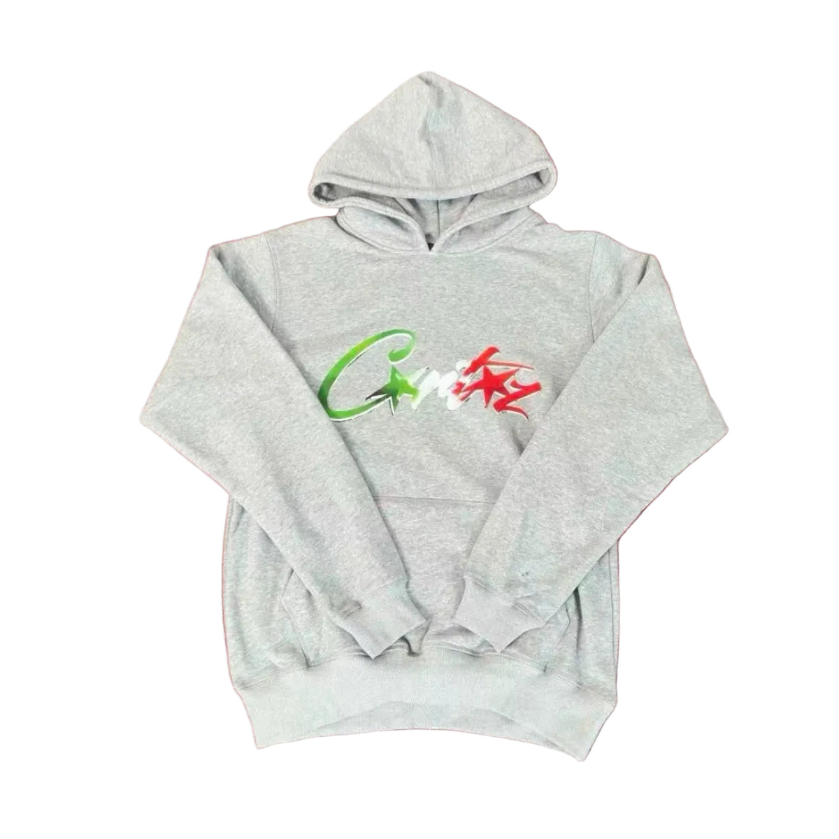 Corteiz “C-Logo” Grey Hoodie — Colorful Star Graphic on Oversized Streetwear Pullover
