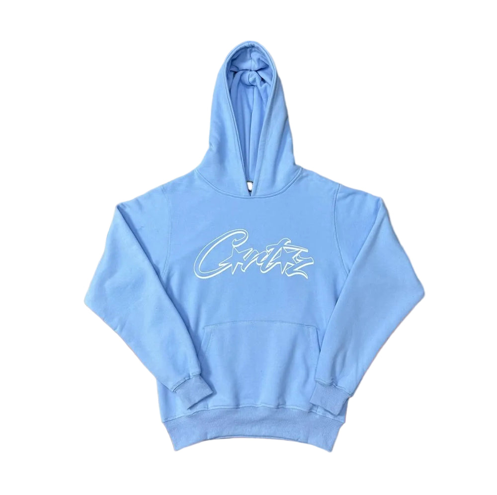 Sky Blue Script Logo Hoodie – Oversized Streetwear Pullover Sweatshirt