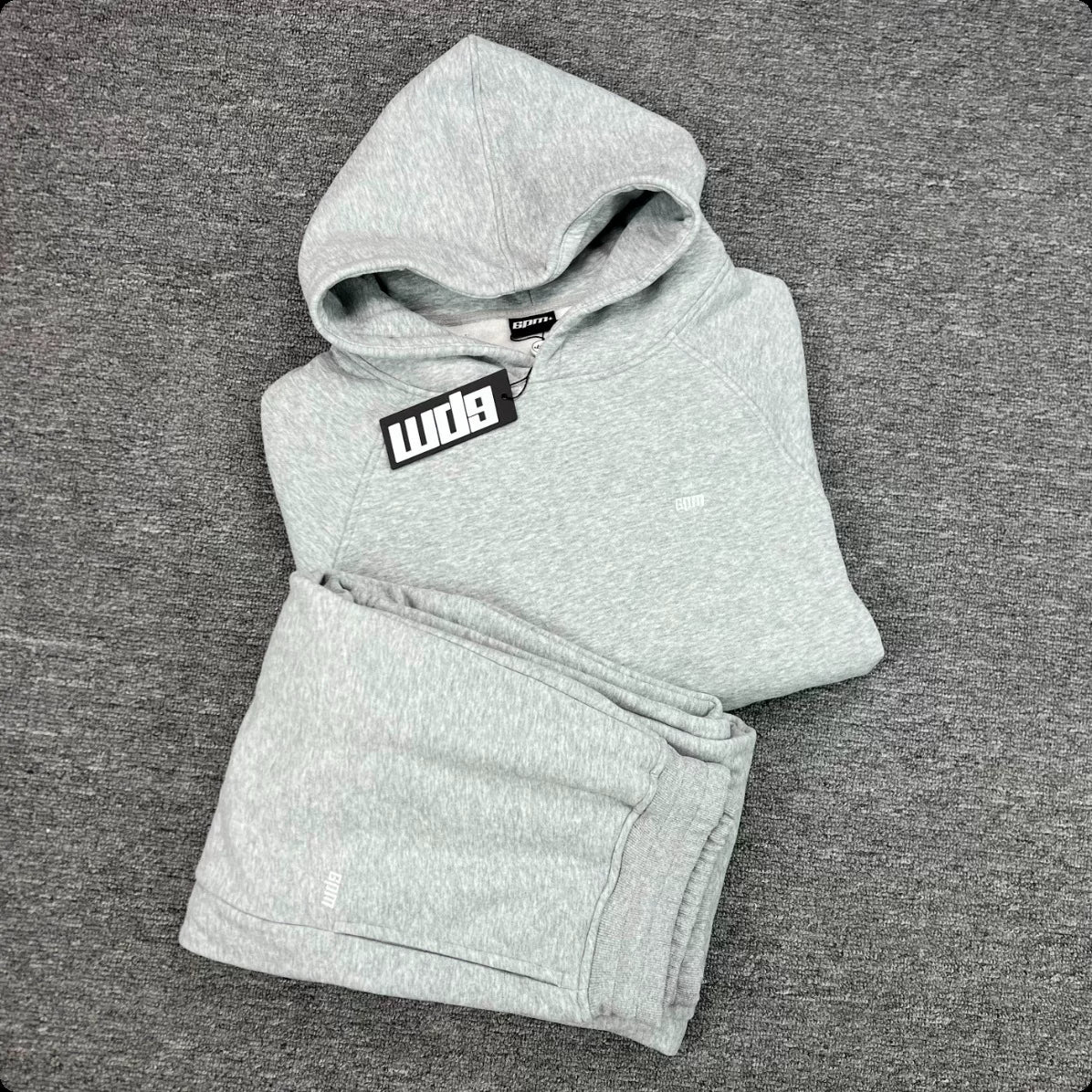 6PM Heather‑Grey Minimal Small‑Logo Hoodie & Wide‑Leg Sweatpants Matching Set