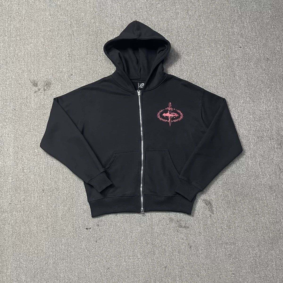 Black Zip-Up Hoodie | Streetwear Hoodie with Red Embroidered Logo Detail