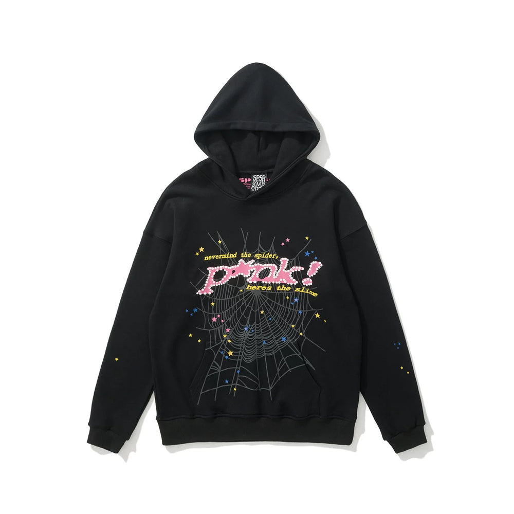 SP5DER Spider Web Graphic Print Pullover Hoodie Street‑Wear Sweatshirt