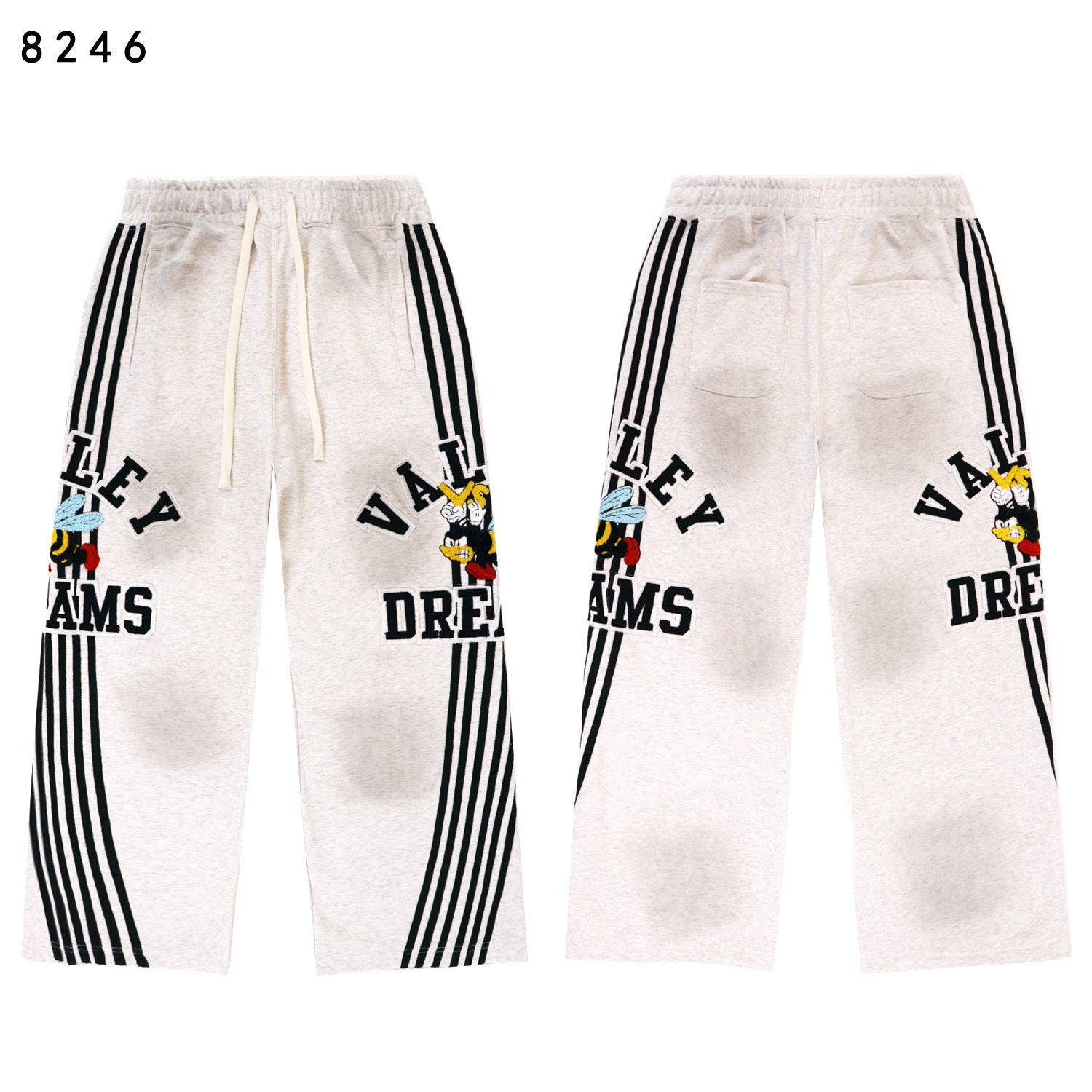 Valley Dreams Cartoon Bee Stripe‑Sleeve Wide‑Leg Sweatpants, Heather Grey Vintage Streetwear Unisex Trousers