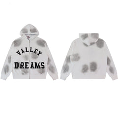 VALLEY White‑Grey Spot‑Wash Valley Dreams Zip‑Up Hoodie Unisex Oversized Jacket